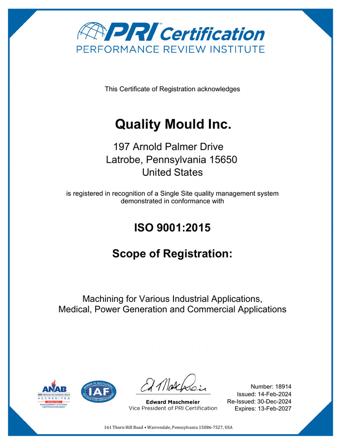 Quality Mould Inc. ISO 9001:2015 certificate preview